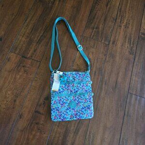 Kipling Keiko Crossbody Lightweight Shoulder Bag Teal Floral Print Monkey Charm